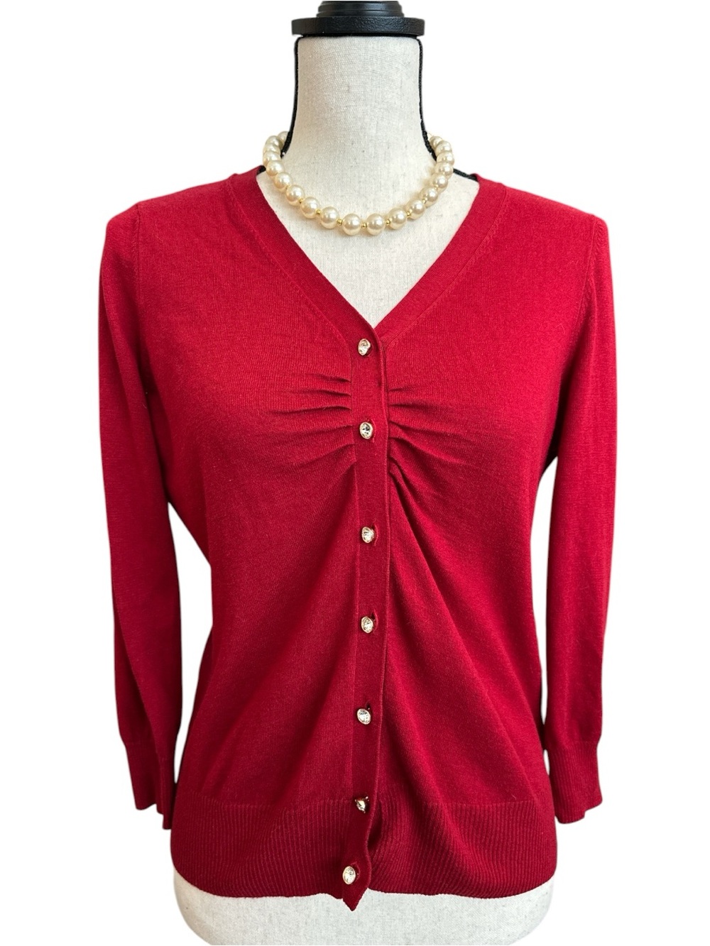 Talbots Red Ruched Cardigan Sweater Rhinestone Button Front Medium - Picture 2 of 8